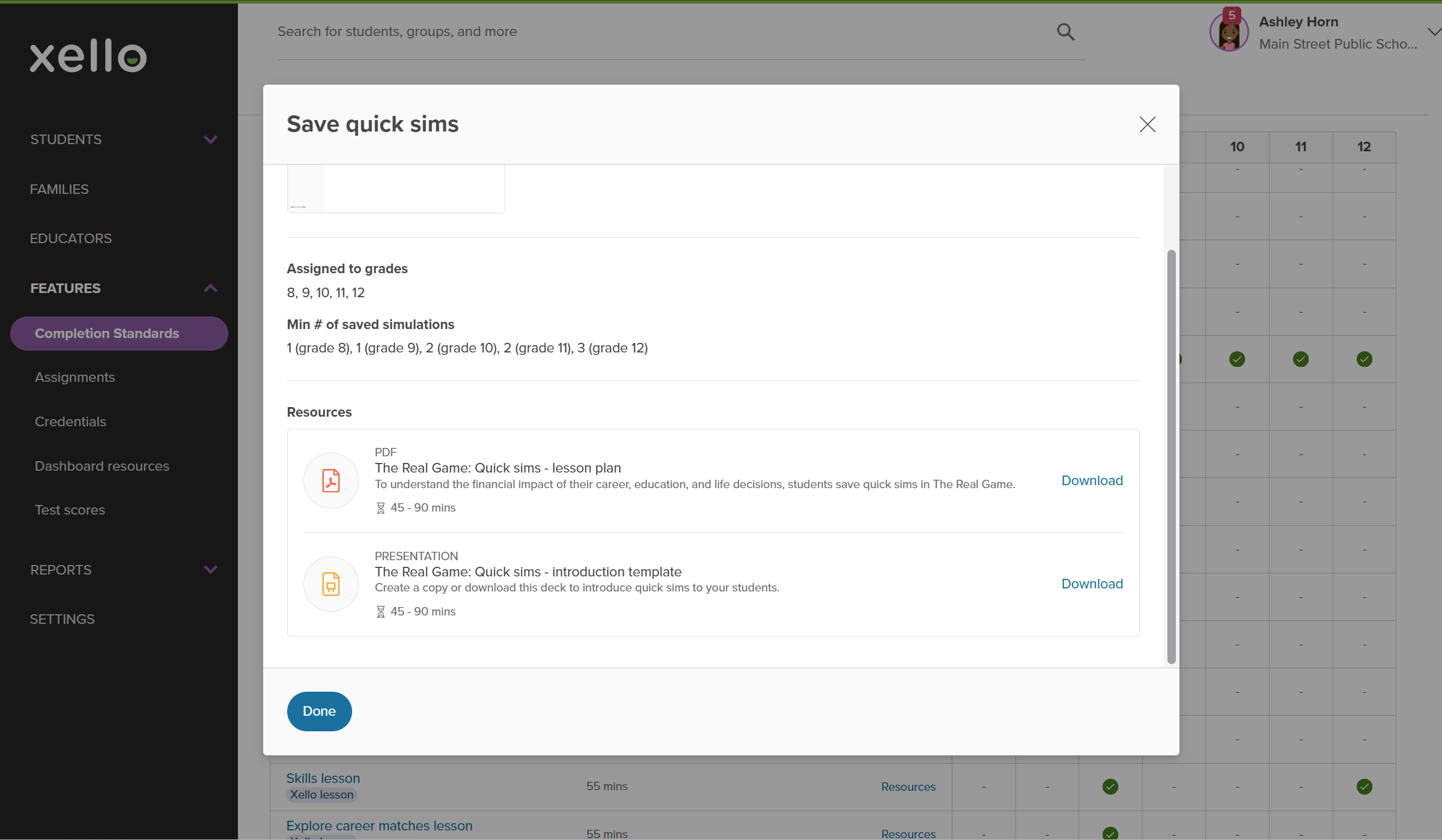 Click to enlarge Completion Standards in Xello. The Save quick sims modal is open. There are resources available for download